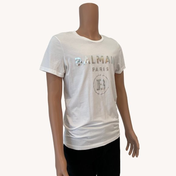 BALMAIN LOGO-PRINT COTTON MENS SHIRT. WHITE/CHROME SIZE M - Picture 2 of 6